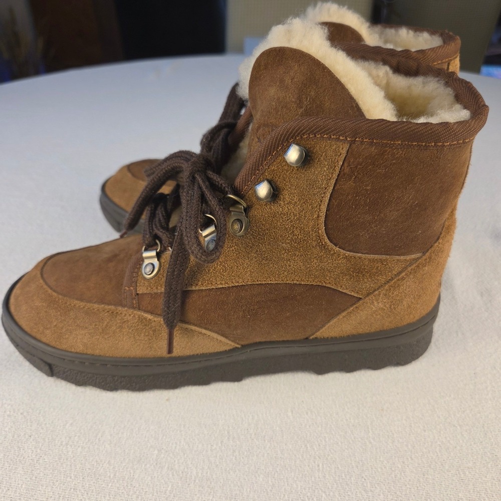 EMU Ridge Brown Suede Sheepskin Lined Lace Up Ankle Hiking Boots Womens 8L 7M